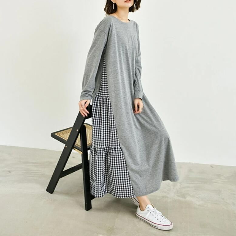 Rakuten - ワンピース レディース 秋 きれいめ ロングワンピース 長袖 切り替えワンピース ロング丈 ドレス カジュアル チェック柄 大人 長袖ワンピース ゆったり Aライン 着痩せ お洒落 フェミニン 美脚 体型カバー 楽ちん こなれ感 春 クルーネック フレア グレー ブラック