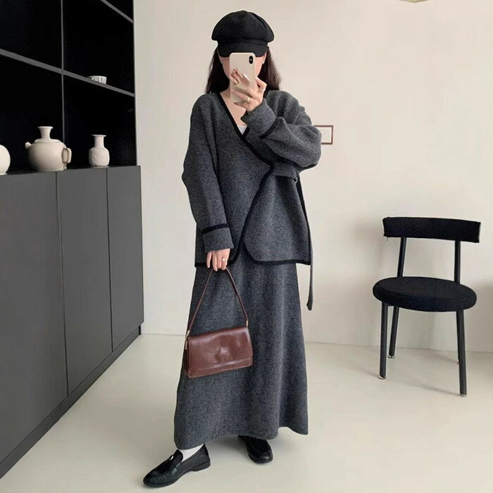Linen, Hemp - ニットセットアップ ニットセーター セットアップ レディース レイヤード スカート 秋冬 きれいめ タイトスカート ロングスカート リブニット ニットセーター トップス ボトムス カジュアル きれいめ 上品 着痩せ グレー 秋 冬 春