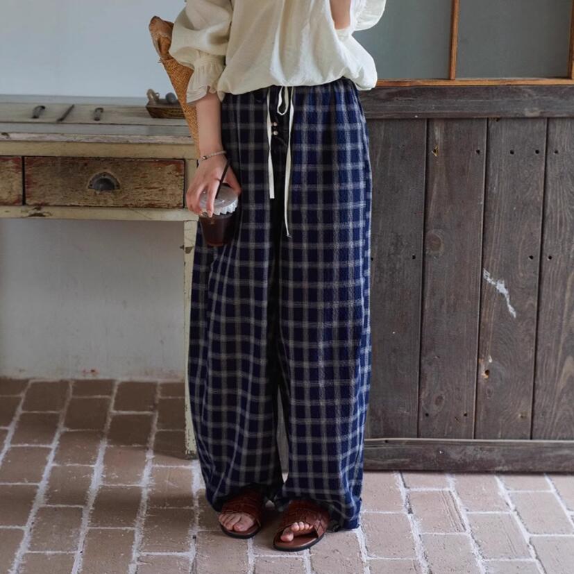 ワイドパンツ秋ギンガムチェックレデ...