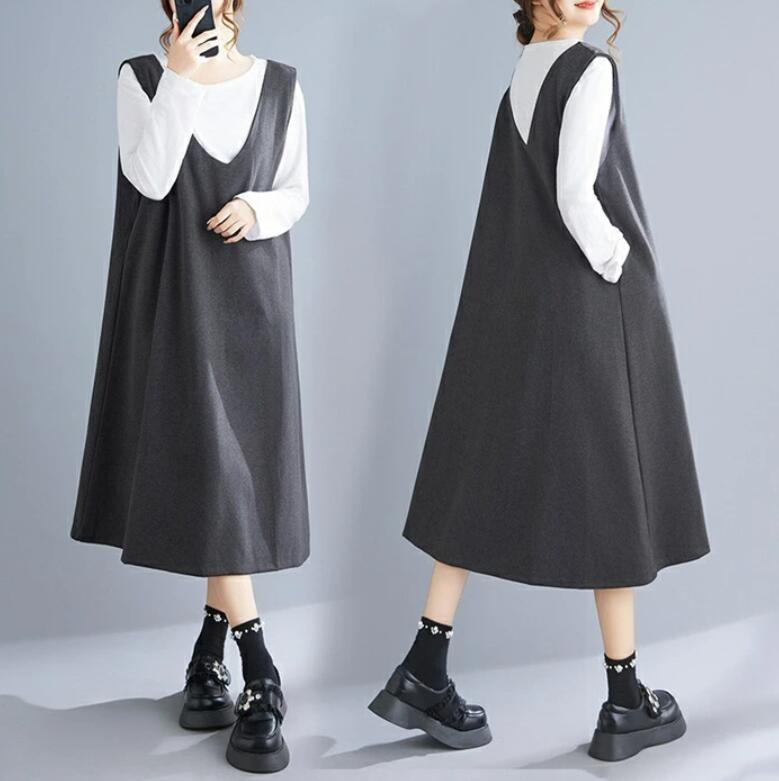 Rakuten - ワンピース ジャンパースカート Vネック レディース ロングワンピース ノースリーブ 前後2way ジャンスカ ミモレ丈 Aライン 春秋冬 ジャンパースカート ゆったり キレイめ 通勤 オフィス OL エレガント レイヤード 重ね着 カジュアル