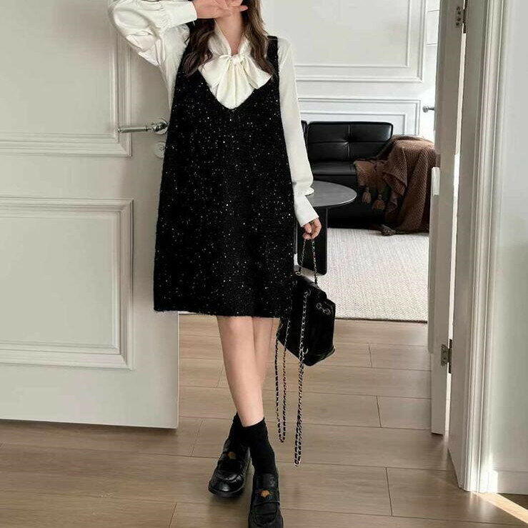 ジャンパースカート キャミワンピース レディース 春秋 ジャンスカ ニット ワンピース ノースリーブ 膝..