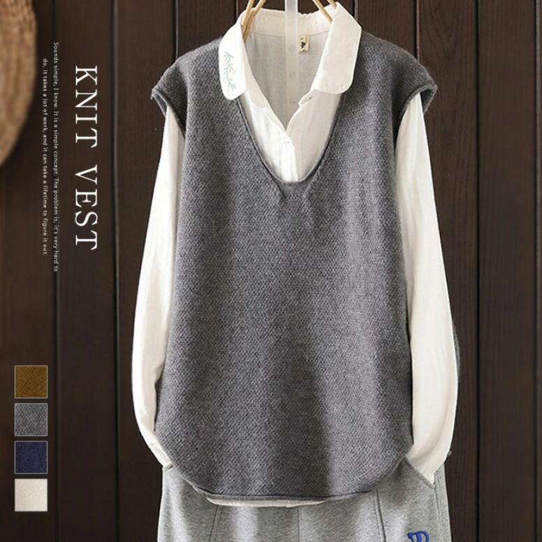 ベスト ニットベスト レディース 秋冬 ニット トップス ベスト ノースリーブ シンプル レイヤード 重ね着 無地 セーター カジュアル 大人可愛い 女性 お出かけ オシャレ お洒落 ゆったり 春 秋 冬 オフホワイト ネイビー グレー 送料無料