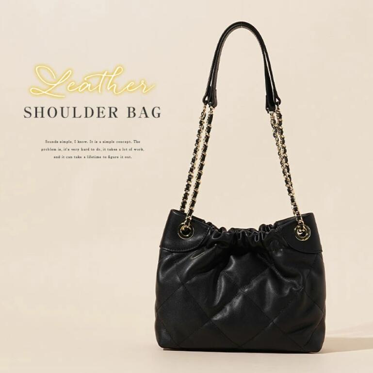 本革バッグ レディース キルティング バッグ 肩掛け 斜めがけ トートバッグ レザーバッグ キルトバッグ 2way チェーンバッグ 大容量 バケツバッグ シンプル 大人 可愛い おしゃれ 通勤 オフィス ビジネス OL きれいめ 上品 高見え エレガント 黒 ブラック 送料無料