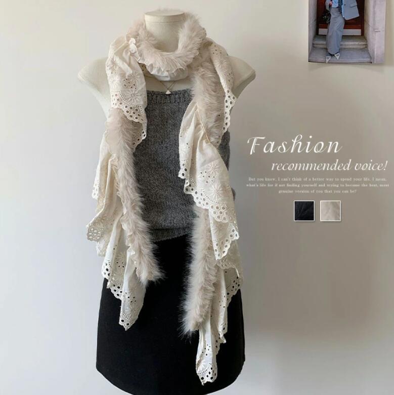 異素材 ストール マフラー レディース 秋冬 もこもこ レース切り替え お洒落 ファッション レディースマフラー ネックウォーマー 防寒 ギフト プレゼント 贈り物 秋 冬 柔らか 柔軟 肌触り良い 厚手 シンプル 学生 通勤 通学 防寒対策 女性 誕生日 実用的 可愛い