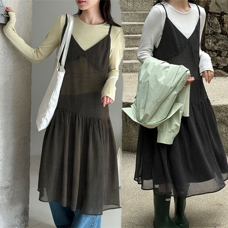 ワンピース レース レディース 春 夏 レイヤード 透け感 キャミワンピース 水玉 重ね着 キャミソールワンピース ノースリーブ レイヤード風 無袖 ロング丈 透け感 お洒落 きれいめ 着痩せ 大きいサイズ 体型カバー シンプル カジュア 薄手 旅行 春夏