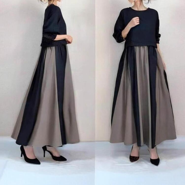 ワンピース レディース 春 秋 冬 ロングワンピース 裾切り替え きれいめ 春秋 冬 大きいサイズ 長袖 ロングワンピース 着痩せ 異素材 セットアップ風 ゆったり お洒落 通勤 着回し 体型カバー上品 きれいめ 上品 20代 30代 40代