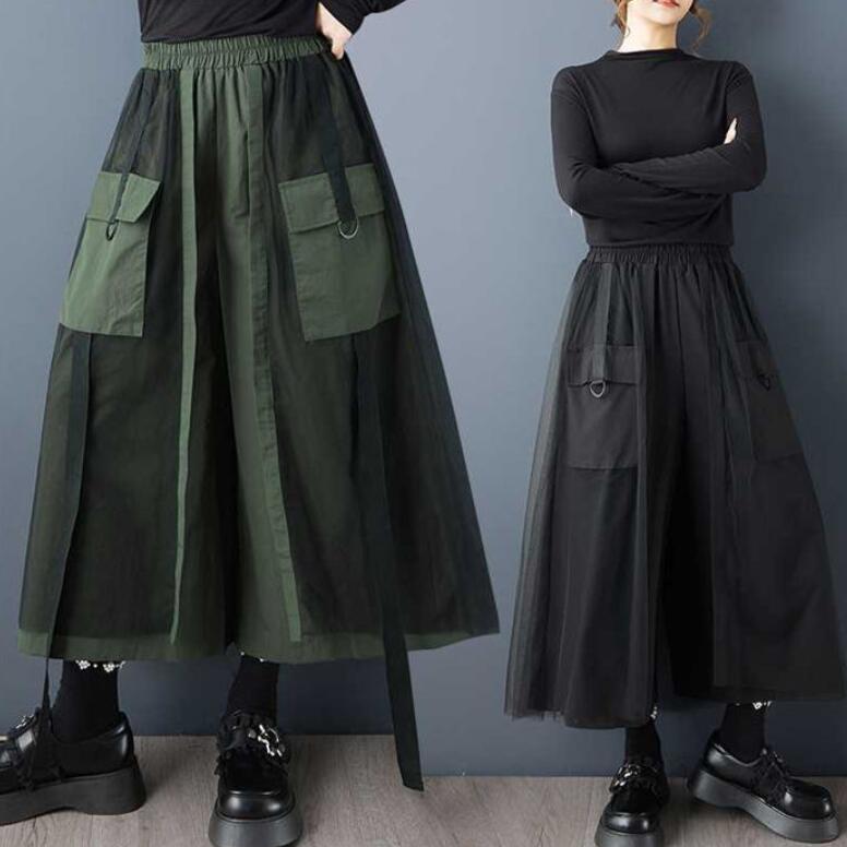 乐天商城 - ワイドパンツ レディース モード系 レイヤード ボトムス チュール 異素材 ガウチョパンツ ロング丈 春 秋 冬フレアパンツ 体型カバー 無地 リラックス ワイド 着痩せ 美脚 通勤 リボン ポケット付き 大人 おしゃれ チュールパンツ ウエストゴム