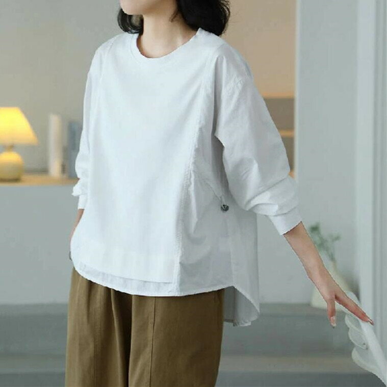 Rakuten - Tシャツ 切り替え 春 秋 トレーナー 長袖 レディース 春 秋 Tシャツ 異素材 切り替え トレーナー 綿 コットン シンプル トップス プルオーバー 大きいサイズ ゆったり 幅広カフス ゆったり ナチュラル ゆる感 通学 カジュアル きれいめ 大人可愛い