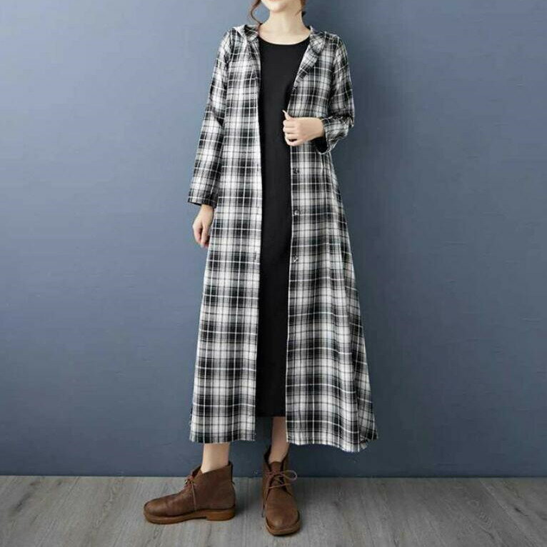 Rakuten - ワンピース レディース シャツワンピース ロングワンピース 長袖 チェック柄 前開き ロング ワンピ 綿 大きいサイズ ロングワンピ ゆったり 体型カバー ミモレ丈 フード付き カジュアル 大人可愛い 着痩せ きれいめ 着回しやすい 春 秋 冬
