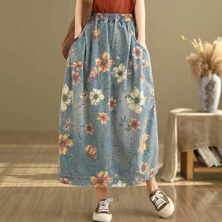 Rakuten - デニム スカート レディース スカート デニム ロング スカート ボトムス デニム スカート きれいめ 花柄 美脚 ウェストゴム カジュアル おしゃれ 体型カバー ミセス ゆったり 大きいサイズ スリット おしゃれ 大人 かわいい 春 夏 秋 ブルー