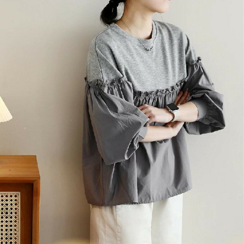 Rakuten - Tシャツ 切り替え レディース 長袖 ボリューム袖 ブラウス Tシャツ ぽわん袖 異素材切り替え 春 秋 トップス ギャザー トップス ドッキング ゆったり オシャレ フェミニン シンプル 大人 カジュアル 体型カバー 20代 30代 40代
