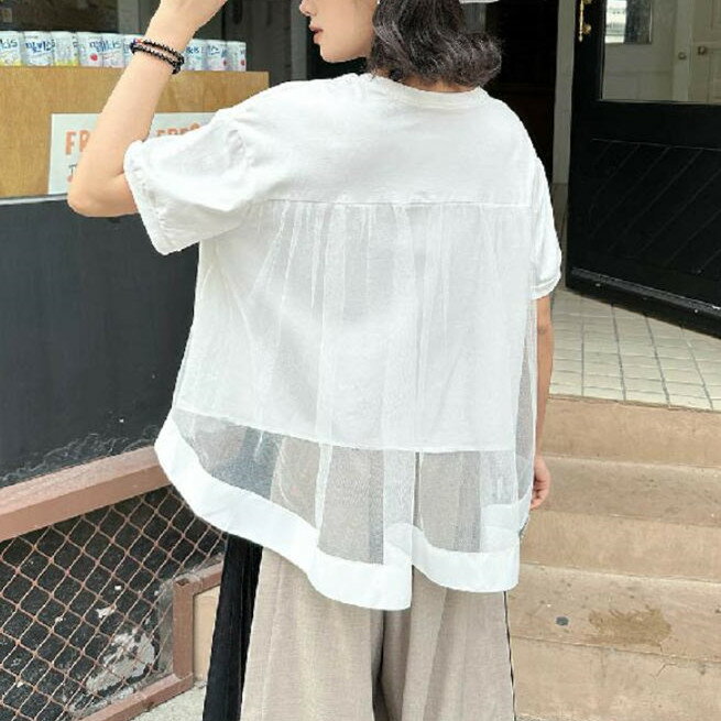 Rakuten - Tシャツ チュール切り替え レディース チュール トップス 半袖 秋 夏 春 カレッジ Tシャツ 後ろ チュール切り替え カットソー 大きめ ゆったり 重ね着 ト レイヤード風 体型カバー シンプル カジュアル 大きいサイズ ナチュラル トレンド感