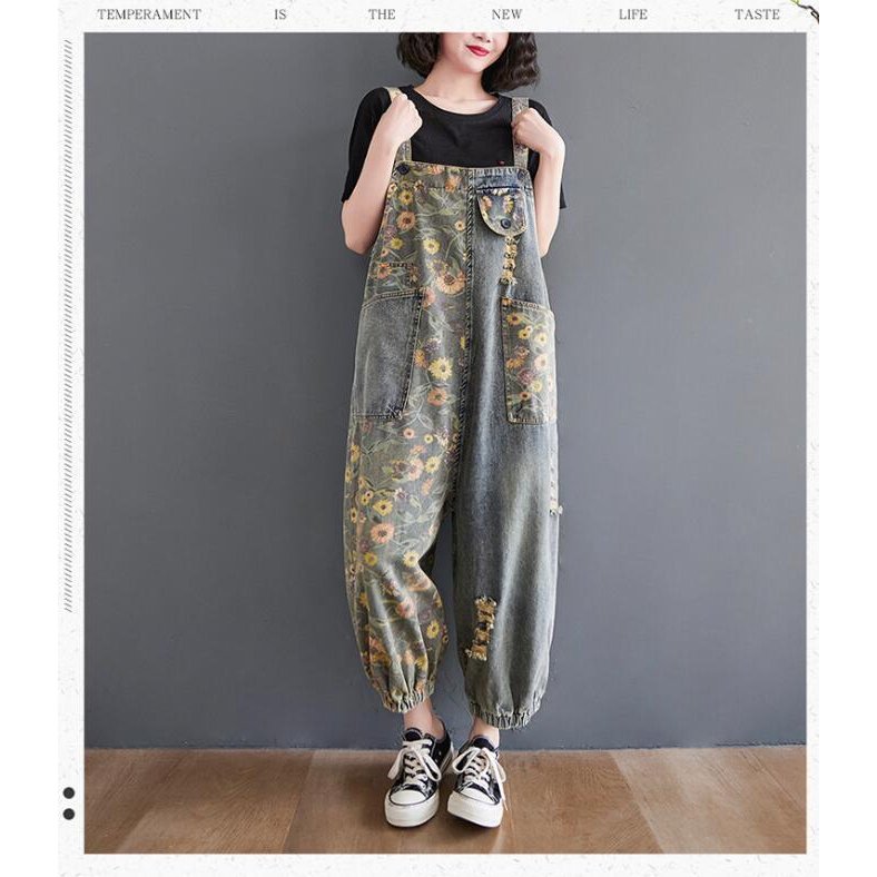 サロペット レディース オールインワン デニムパンツ デニムワイドパンツ デニム ロング丈 ロングパンツ 春 夏 ゆったり 花柄 総柄 体型カバー 大きいサイズ カジュアル 可愛い