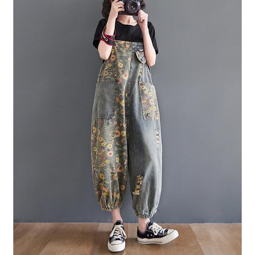 サロペット レディース オールインワン デニムパンツ デニムワイドパンツ デニム ロング丈 ロングパンツ 春 夏 ゆったり 花柄 総柄 体型カバー 大きいサイズ カジュアル 可愛い