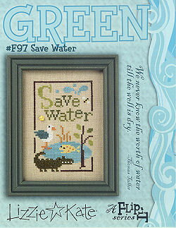 ☆クロスステッチ・チャート☆Lizzie☆Kate“Save Water”☆英語表記☆ステッチカウント　40W×63H☆黄色いお花のボタン付き