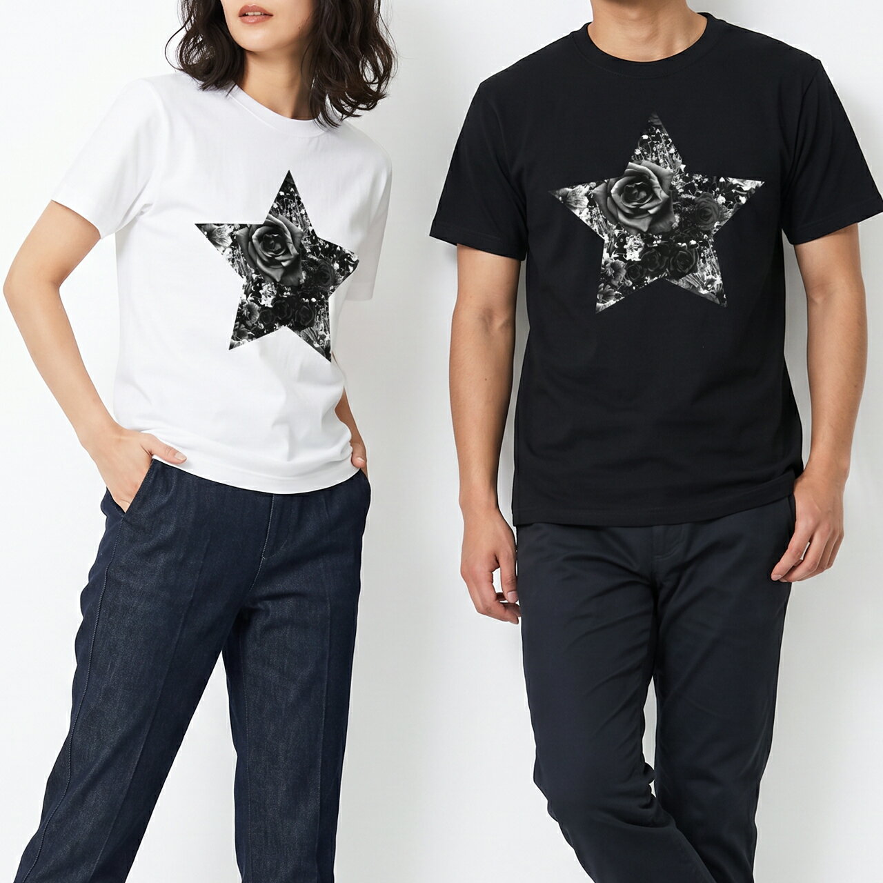 樂天商城 - グラフィック 半袖Tシャツ 星 花柄 ローズ 薔薇柄 クルーネック プリント メンズ レディース ユニセックス 白 ホワイト 黒 ブラック