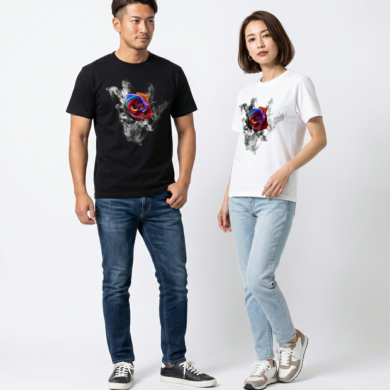 樂天商城 - グラフィック 半袖Tシャツ 薔薇柄 ローズ クルーネック プリント メンズ レディース ユニセックス 白 ホワイト 黒 ブラック
