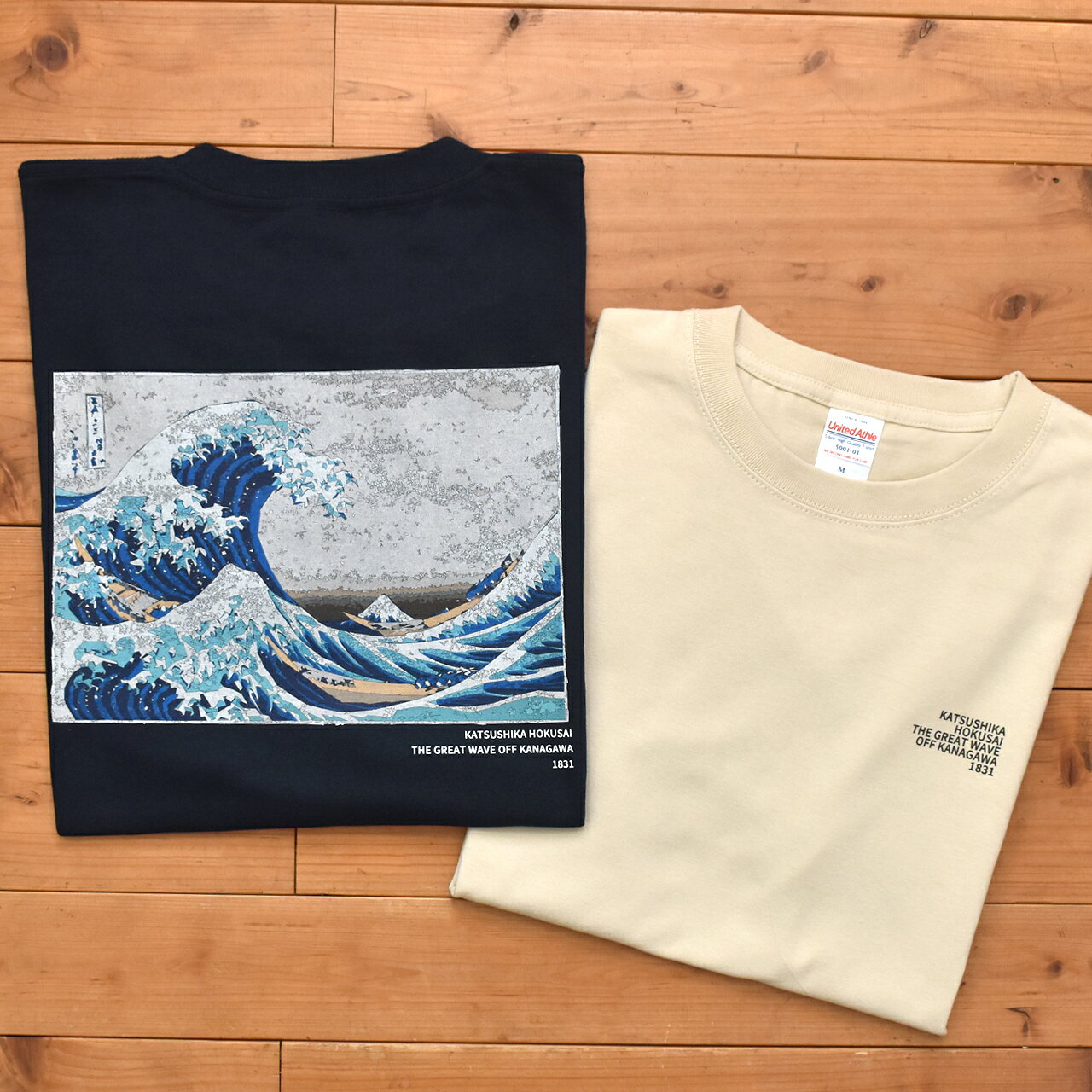 Rakuten - 和柄 葛飾北斎 神奈川沖浪裏 半袖Tシャツ クルーネック 浮世絵 プリント メンズ レディース ユニセックス ネイビー サンドベージュ