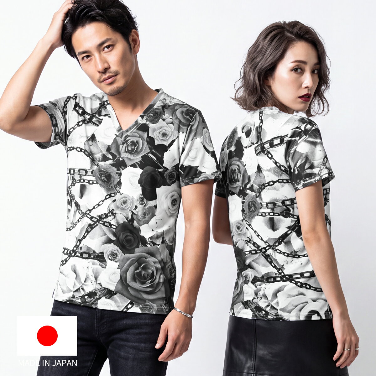 　　　　　　　　　　　　　　　　別カラーブルーレッド■Performance Art Wearシリーズストレスフリーコンフォートシステム、高機能ストレッチ素材を使用。編み目ループの方向性を自在にコントロールする、旭化成せんい独自のダイアモンド構造組織によりパフォーマンスを的確にサポート。少ない力で縦にも横にも自在に伸び、優れた回復性で体の大きな動きにも安定した着圧をキープする高次元ファブリック。運動時にはもちろん、普段使いまで快適に着られる高機能素材です。美しさと無骨さを、ひとつのグラフィックに。咲き誇る薔薇と、無機質なチェーン。相反するような二つのモチーフを大胆に組み合わせ、存在感のある一枚に仕上げました。繊細な花びらの表情と、無骨なチェーンのラインが重なり合うことで、甘すぎない、少しエッジの効いた雰囲気を演出。カラーは、シックなブラック、深みのあるレッド、鮮やかなブルーの3色展開。一枚でスタイリングの主役になるデザインながら、デニムやカーゴパンツなど、シンプルなボトムとも相性よく着こなせます。プリント、裁断、縫製はすべて日本国内で実施。大量生産ではなく、一着ずつ丁寧に　仕上げています。ポリエステル86％ポリウレタン14％■サイズ　　　 S　 M　 L　 XL着丈　63　65　67　69身幅　45　47.5　50　52.5肩幅　40　42　44　46袖丈　19.5　20.5　21.5　22.5▼サイズ選びのコツ普段着用されているTシャツを測って頂き、それに近いサイズをお選びいただく方法がオススメです。▼注意事項ご覧頂いている環境によって、実物の色と若干異なる場合がございます。MADE IN JAPAN