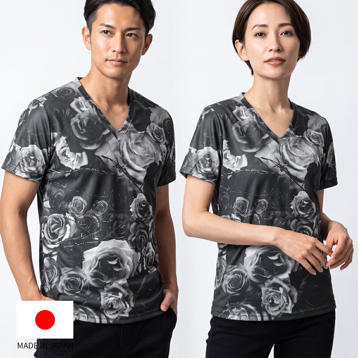 　　　　　　　　　　　　　　　　別カラーブルーレッド■Performance Art Wearシリーズストレスフリーコンフォートシステム、高機能ストレッチ素材を使用。編み目ループの方向性を自在にコントロールする、旭化成せんい独自のダイアモンド構造組織によりパフォーマンスを的確にサポート。少ない力で縦にも横にも自在に伸び、優れた回復性で体の大きな動きにも安定した着圧をキープする高次元ファブリック。運動時にはもちろん、普段使いまで快適に着られる高機能素材です。美しさと無骨さを、ひとつのグラフィックに。咲き誇る薔薇と、無機質なチェーン。相反するような二つのモチーフを大胆に組み合わせ、存在感のある一枚に仕上げました。繊細な花びらの表情と、無骨なチェーンのラインが重なり合うことで、甘すぎない、少しエッジの効いた雰囲気を演出。カラーは、シックなブラック、深みのあるレッド、鮮やかなブルーの3色展開。一枚でスタイリングの主役になるデザインながら、デニムやカーゴパンツなど、シンプルなボトムとも相性よく着こなせます。プリント、裁断、縫製はすべて日本国内で実施。大量生産ではなく、一着ずつ丁寧に　仕上げています。ポリエステル86％ポリウレタン14％■サイズ　　　 S　 M　 L　 XL着丈　63　65　67　69身幅　45　47.5　50　52.5肩幅　40　42　44　46袖丈　19.5　20.5　21.5　22.5▼サイズ選びのコツ普段着用されているTシャツを測って頂き、それに近いサイズをお選びいただく方法がオススメです。▼注意事項ご覧頂いている環境によって、実物の色と若干異なる場合がございます。MADE IN JAPAN
