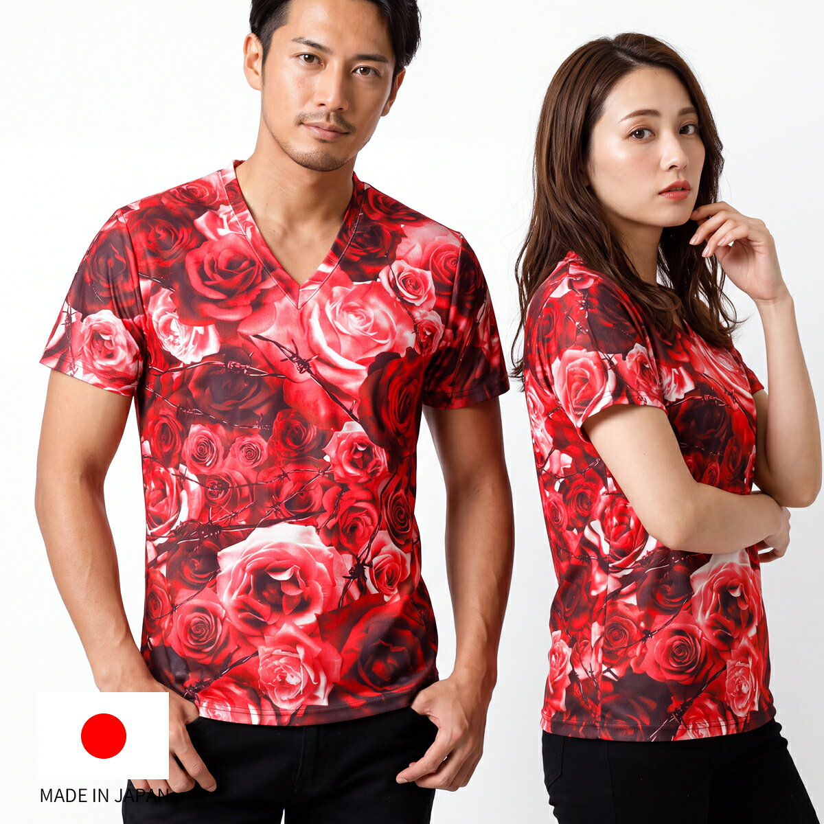 Vネック 半袖 Tシャツ バラ ローズ 花 薔薇 グラフィック ストレッチ スポーツウェア メンズ レディース ユニセックス レッド 赤 日本製