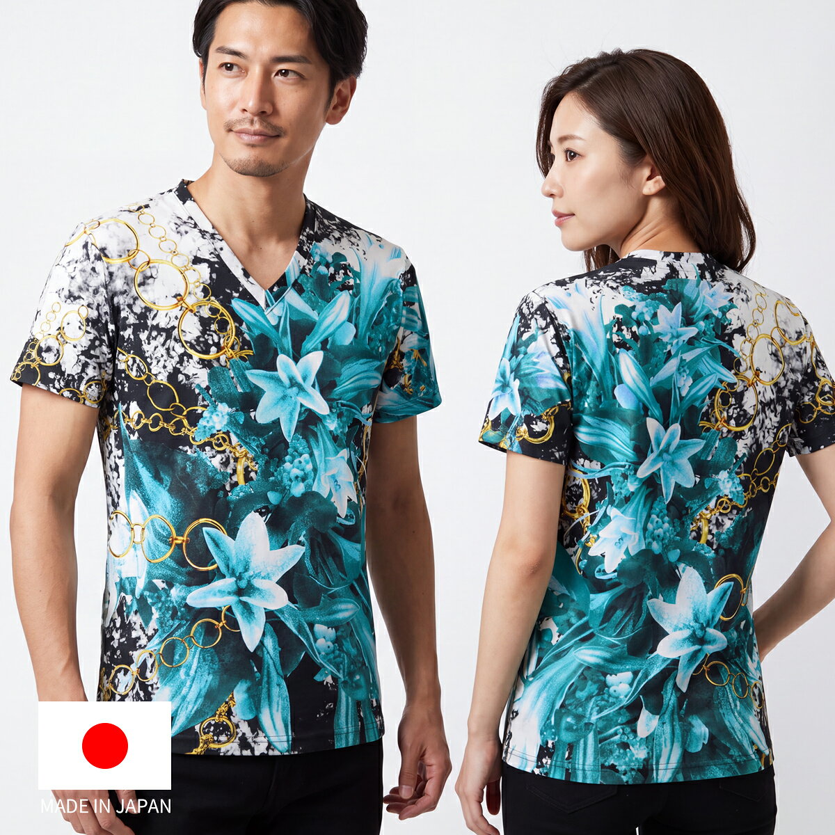 Vネック 半袖 Tシャツ バラ ローズ 花 薔薇 グラフィック ストレッチ スポーツウェア メンズ レディース ユニセックス グリーン 緑 日本製