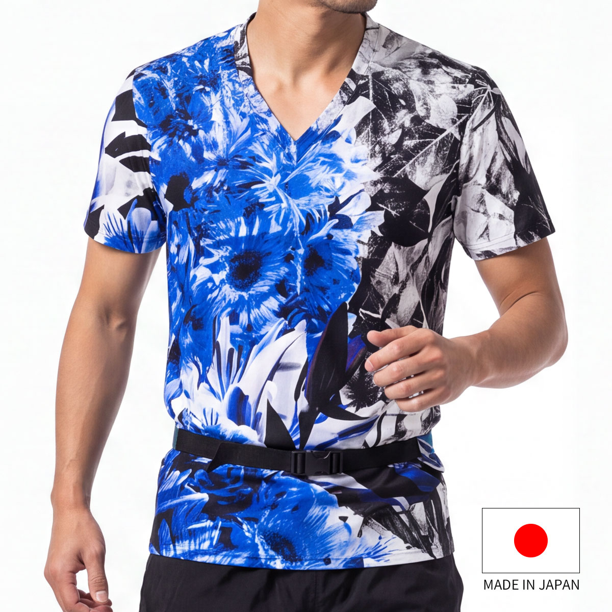 Vネック 半袖 Tシャツ 花 フラワー グラフィック ストレッチ スポーツウェア メンズ レディース ユニセックス ブルー 青 日本製