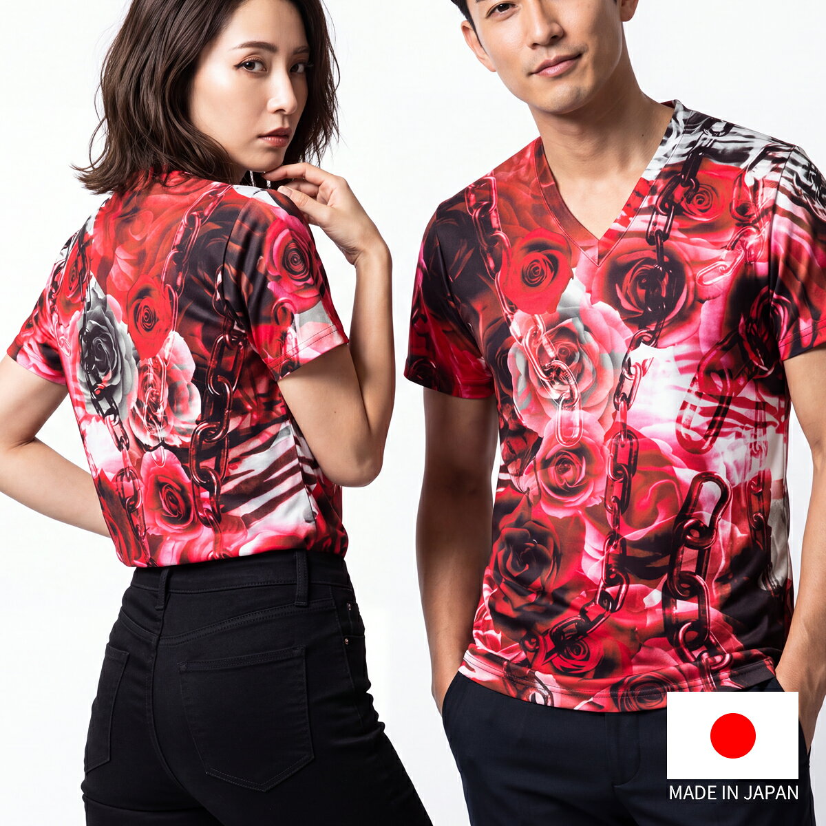 Vネック 半袖 Tシャツ バラ ローズ 花 薔薇 グラフィック ストレッチ スポーツウェ...