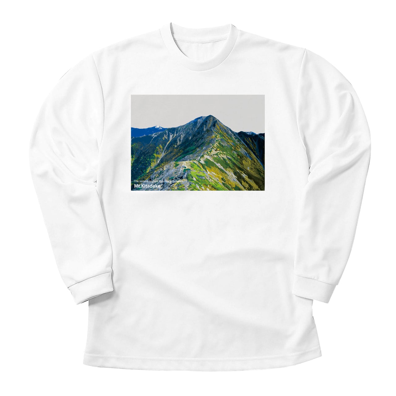 Rakuten - 北岳 長袖Tシャツ ホワイトー ドライ 吸水速乾 山 登山 山のイラスト クルーネック Tシャツ
