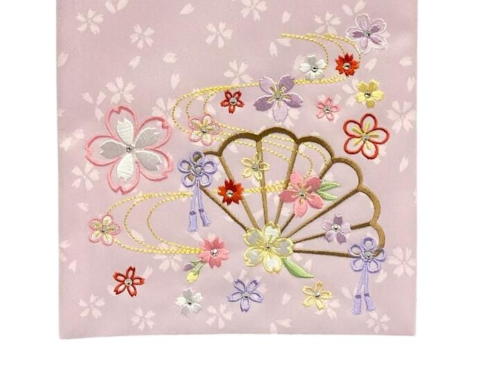 名前旗 刺繍仕上 雛人形 桃の節句 女の子用 流水扇 中 m321 高さ56センチ 薄ピンク地 名前糸紫色