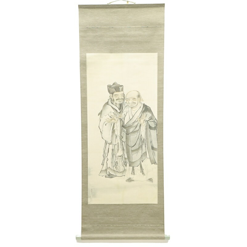 アウトレット品 掛軸 水墨画 高村光太郎 寒山拾得像 桐箱付 幅52cm (24a-ya-0337) インテリア ディスプレイ 見切処分品