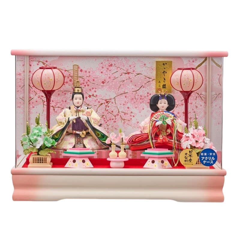 雛人形 ケース入り 菜摘 小三五 親王飾り 幅48cm 彩色塗 アクリルケース 白ピンクぼかし オルゴール内臓 コード式雪洞 fn4-10 ケース飾り ひな人形