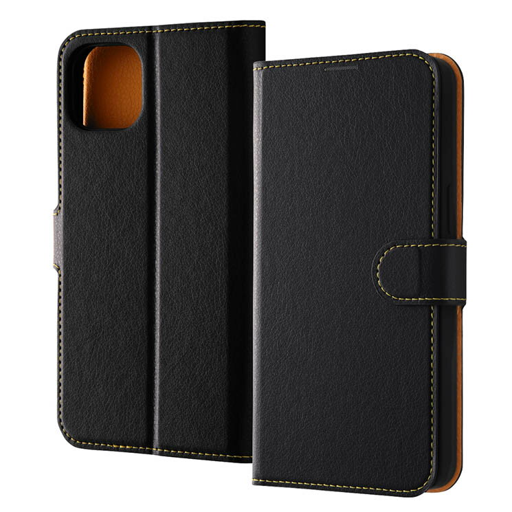 iPhone15Plus ケース 手帳型 ブラック オレンジ 耐衝撃 傷に強い 頑丈 丈夫 強い シンプル カード 収納 ポケット ストラップホール 付 スタンド 機能 マグネット ベルト アイフォン アイホン IN-P43ELC1-BOR