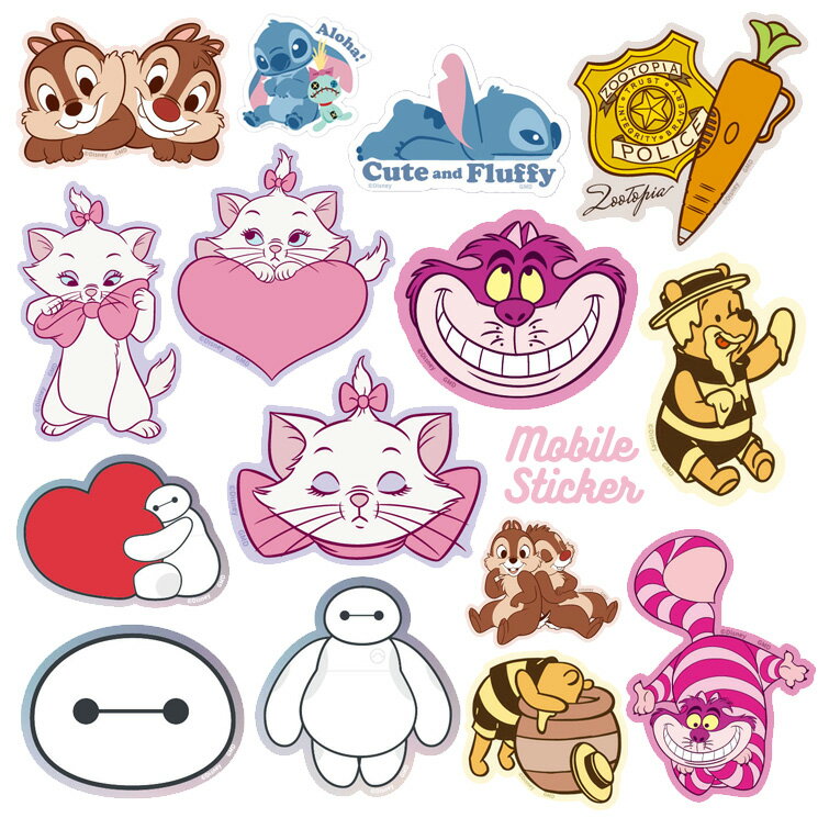 ディズニー ステッカー シール キャラクター グッズ プーさん ベイマックス チップ デール スティッチ マリー ズートピア チェシャ猫 3種類 各1枚 DNG...