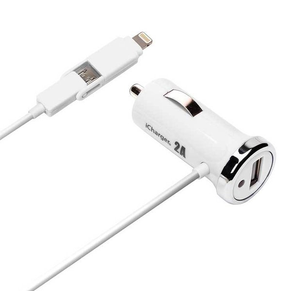 iPhone DC充電器 ホワイト 車載 Lightning microUSB ツインコネクタ DC 充電器 2.1A 1.0m PGA