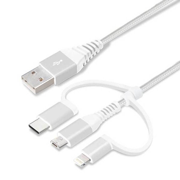 iPhone ケーブル 50cm ホワイト&シルバー Lightning Type-C micro USB 変換コネクタ付き 3in1 USB スマホ スマートフォン PGA