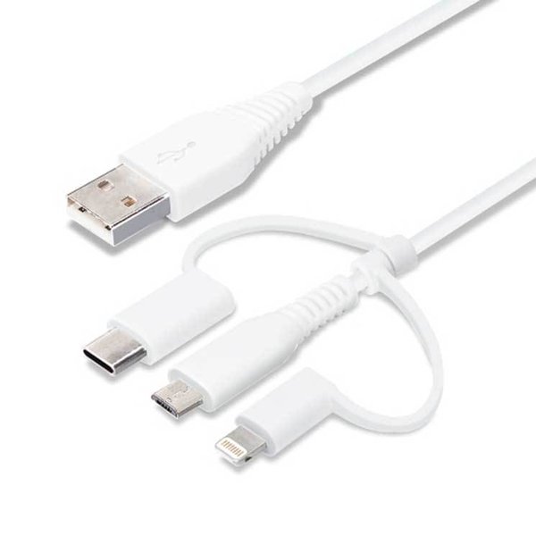 乐天商城 - iPhone ケーブル 1m ホワイト&シルバー Lightning Type-C micro USB 変換コネクタ付き 3in1 USB スマホ スマートフォン PGA