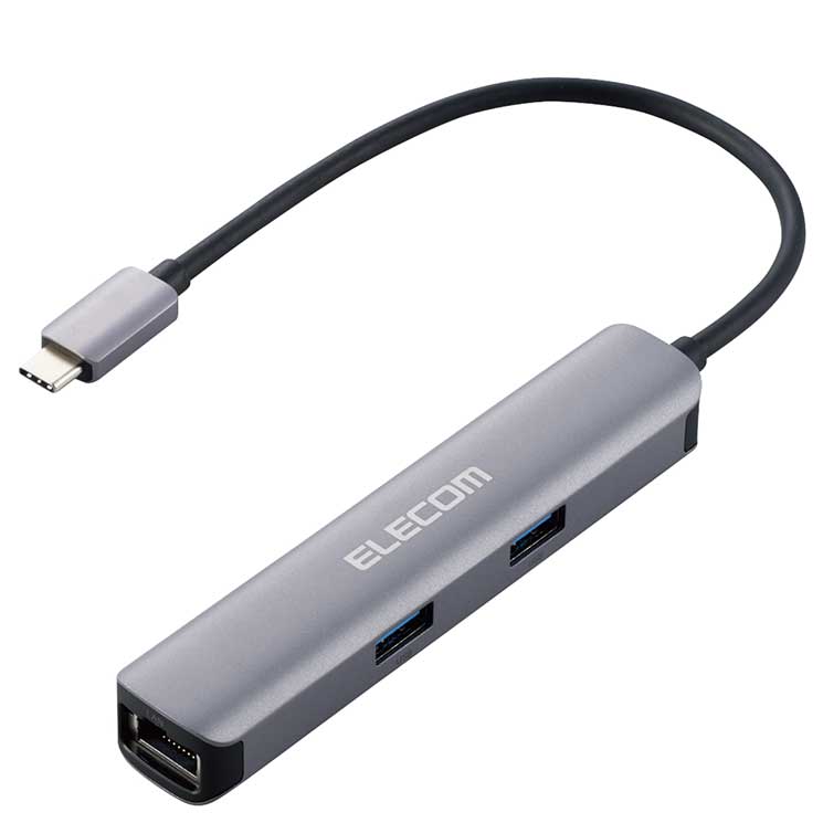 USB Type-C搭載パソコンにケーブル1本で周辺機器を一括接続。 HDMIで映像出力しながらUSB機器や有線LANを使用するのに最適な、USB Type-C接続ドッキングステーションです。■対応OS：Windows10、macOS Big Sur 11.0、macOS Catalina 10.15、iPadOS 14 ※各OSの最新バージョンへのアップデートや、サービスパックのインストールが必要になる場合があります。 ■コネクタ仕様(アップストリーム)：USB3.1 Type-C(TM)＜Gen1(5Gbps)＞、DisplayPort Alt mode(USB2.0接続時はUSB2.0互換で動作(USB2.0時は映像出力非対応)) ■USBポート(ダウンストリーム)：USB3.1Gen1 Standard-Aメス×3＜供給電力値:USB 3.0 standard-A:最大合計2.1A＞ ■映像出力ポート(ダウンストリーム)：HDMI(最大4K@30Hz)×1 ■LANポート(ダウンストリーム)：RJ-45(1000BASE-T/100BASE-TX/10BASE-T) ■電源方式：バスパワー ■ケーブル長：約0.18m(コネクター含まず) ■カラー：シルバー ■外形寸法：約114.5×22.8×16.8mm(ケーブル含まず) ■重量：約50.5g(ケーブル含む) ■動作環境：5〜40℃/10〜90%RH ■保証期間：1年間 ■その他：パッケージ内容(本体)