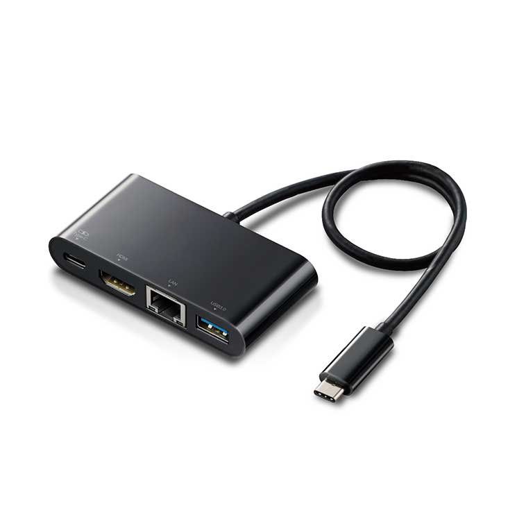 ■対応OS：Windows10、macOS Catalina(10.15) ※各OSの最新バージョンへのアップデートや、サービスパックのインストールが必要になる場合があります。 ■コネクタ仕様(アップストリーム)：USB3.1 Type-C＜Gen1(5Gbps)＞、USB Power Delivery対応(最大60W)＞(USB2.0接続時はUSB2.0互換で動作(USB2.0時は映像出力非対応)) ■USBポート(ダウンストリーム)：USB3.1 Gen1 Standard-Aメス×1 ＜供給電力値最大7.5W(5V/1.5A)＞ ■映像出力ポート(ダウンストリーム)：HDMI(最大4K2K@30Hz)×1 ■LANポート(ダウンストリーム)：RJ-45(1000BASE-T/100BASE-TX/10BASE-T) ■電源方式：USB Type-C端子メス(20V/3Aまで) ■ケーブル長：約0.30m(コネクタを除く) ■カラー：ブラック ■外形寸法：約幅80.0×奥行き15.0×高さ40.0mm( ケーブルを除く) ■重量：約40.0g ■動作環境：0〜40℃/10〜90%RH ■保証期間：1年間 ■その他：パッケージ内容(本体、取扱説明書)、HDCP 1.4対応