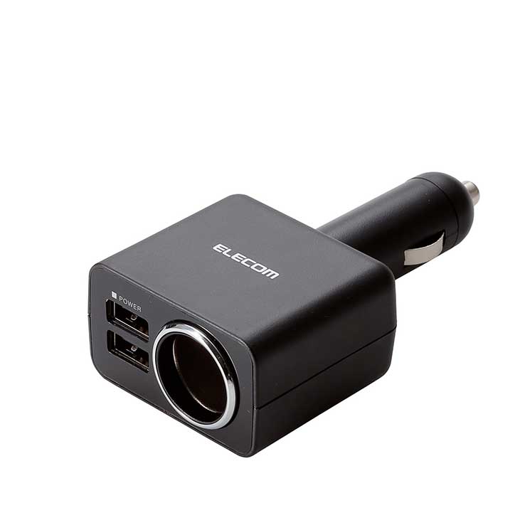 エレコム シガーチャージャー 2USBポート(自動識別)+ソケット 4.8A ブラック