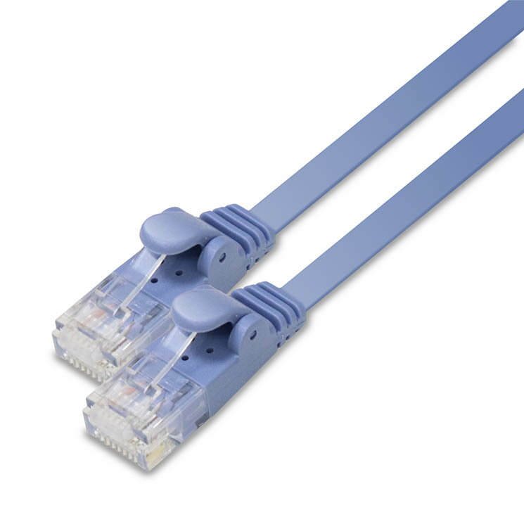 幅約6mm、厚さ約1.38mmのスーパーフラットタイプケーブルを採用した1ギガビット対応のCAT6準拠ケーブルです。■カラー：ブルー ■伝送速度：1Gbps ■インターフェイス：RJ-45コネクター ■環境配慮事項：EU RoHS指令準拠(10物質) ■規格：Cat6準拠(1000BASE-TX/1000BASE-T/100BASE-TX/10BASE-Tに準拠) ■伝送帯域：250MHz ■ケーブル長：5.0m ■結線方式：ストレート結線 ■ヨリ対芯線(ツイストペアケーブル)：○ ■シールド：無し(UTP仕様) ■外部シース(被膜)材質：PVC ■導体構成：ヨリ線(32AWG) ■コネクタ有無：両端コネクター付 ■スリムコネクタ：○ ■爪折れ防止カバー付コネクタ：○ ■パッケージ形態：アルミ箔袋+ステッカー ■ケーブル太さ：1.38mm ■芯数：8芯 ■モールド加工コネクタ：○