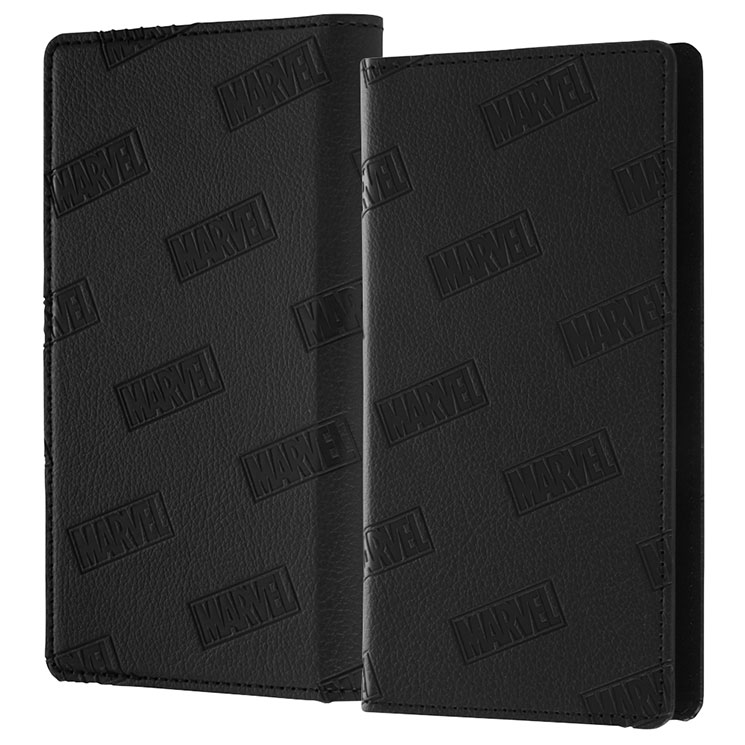 多機種対応 手帳型 スマホケース マーベル ロゴ MARVEL LOGO ブラック 黒 シンプル ボックスロゴ Mサイズ PU レザー かっこいい おしゃれ カード ポケット 収納 取り外し可能 合皮 汎用 手帳