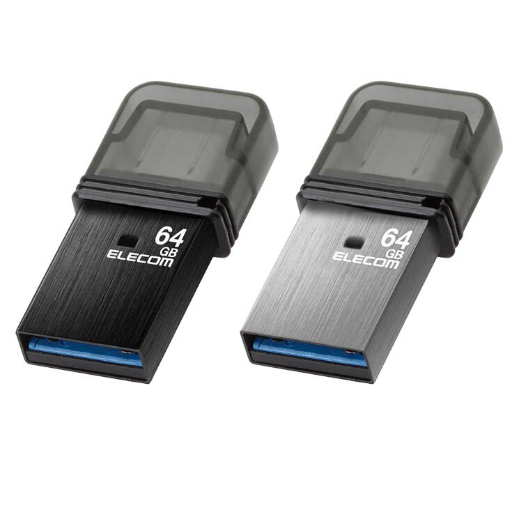 エレコム USBメモリ 64GB USB3.2(Gen1)/3.1(Gen1)/3.0/2.0 2in1 【 Type-C / USB A 】 キャップ式 読込最大200MB/s 【 Windows 11 Mac Android iPad OS 他対応 ブラック/シルバー