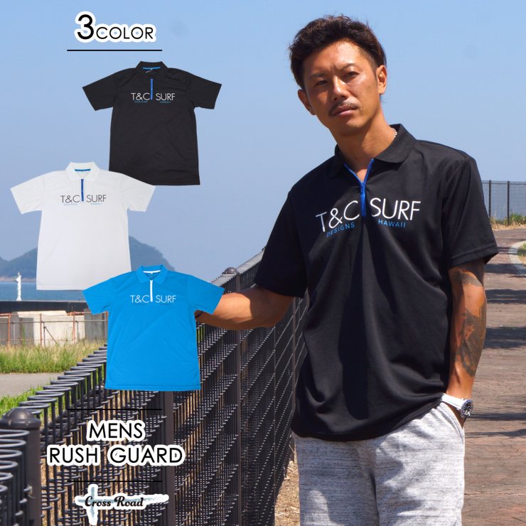 ラッシュガード メンズ 半袖 ハーフジップ ポロシャツタイプ T&C Surf Designs タウン＆カントリー デザイン タウカン 水陸両用 水着 UVブロック 紫外線防止 日焼け防止 リゾート 海外旅行