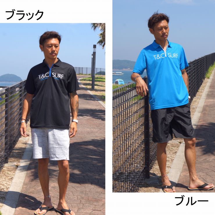 ラッシュガード メンズ 半袖 ハーフジップ ポロシャツタイプ T&C Surf Designs タウン＆カントリー デザイン タウカン 水陸両用 水着 UVブロック 紫外線防止 日焼け防止 リゾート 海外旅行