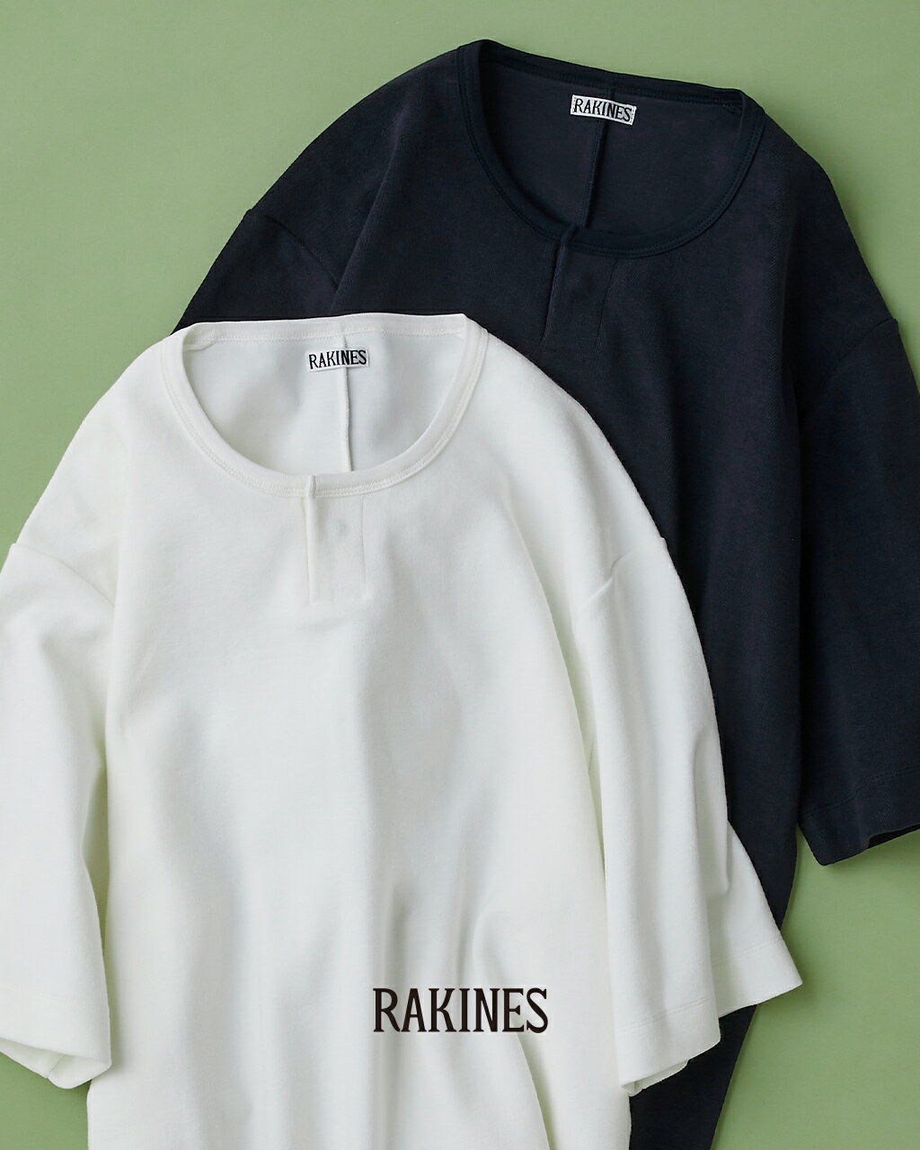 ラキネス RAKINES ヘンリーネック パイル Tシャツ コットン 半袖 カットソー ワンボタン メンズ Organic cotton minipile - ...
