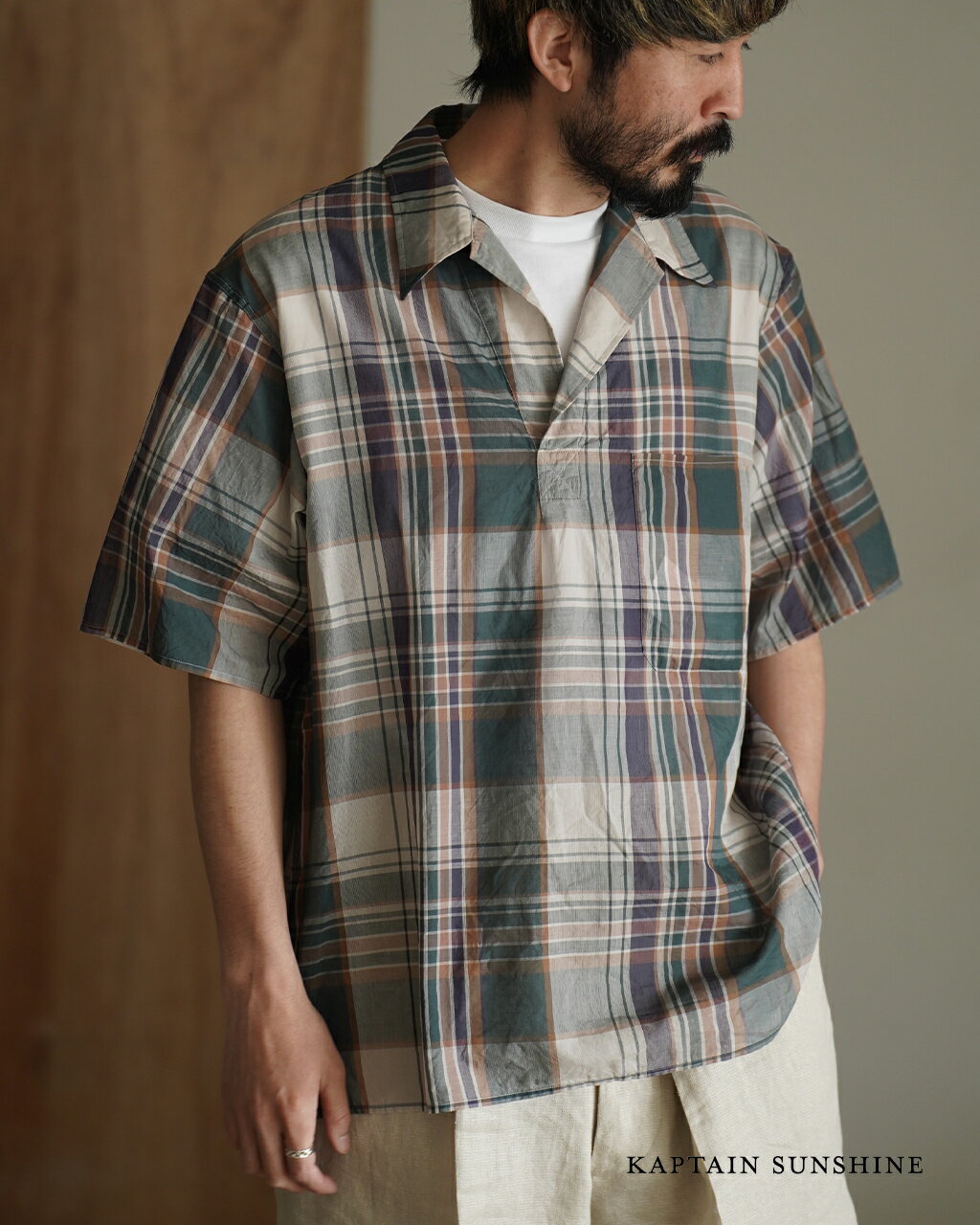 樂天商城 - キャプテンサンシャイン KAPTAIN SUNSHINE ガーゼ プレイド プルオーバー 半袖シャツ メンズ Gauze Plaid Pullover SS Shirt KS26SSH16 チェックシャツ ガーゼシャツ プルオーバーシャツ スキッパー 0428