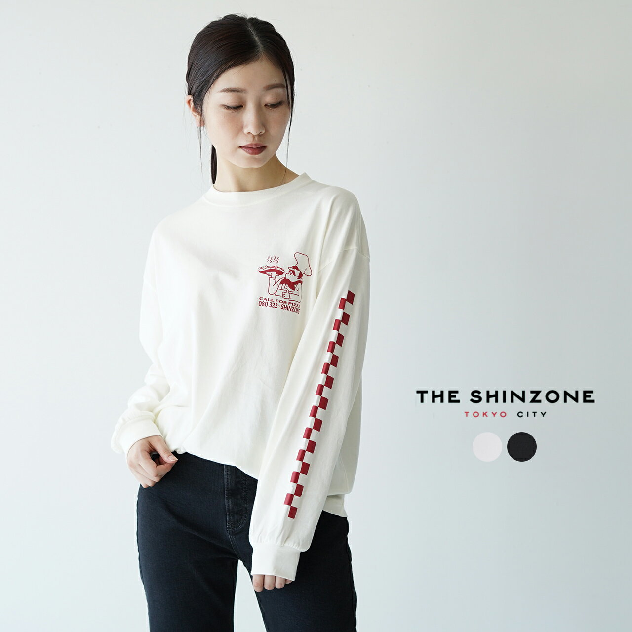 シンゾーン THE SHINZONE プリント 長袖 Tシャツ ロンT カットソー レディース 2021秋冬 クルーネック ホワイト ブラック PIZZA LONG TEE 21MMSCU27 【送料無料】0722