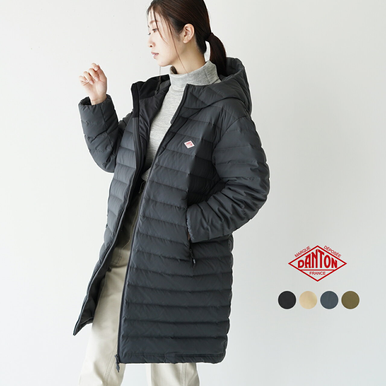 ダントン DANTON ダウン フーデッド コート レディース フード付き ミドル丈 ブラック ベージュ グレー DT-A0005MNT MIDDLE DOWN HOODED COAT 【送料無料】0702のサムネイル