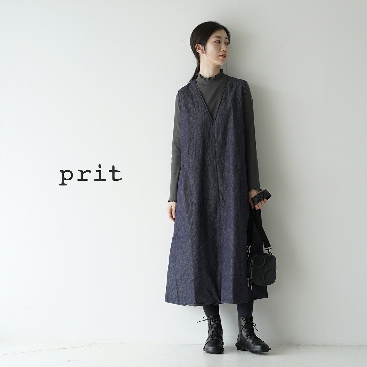 プリット prit ボンディング ジャンパースカート ロング ワンピース ネイビー 紺 レディース  ...